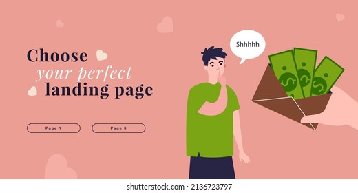 Entregar el sobre de papel abierto con dinero al hombre. Persona que recibe un soborno criminal de ilustración vectorial plana. Negocio en la sombra, soborno, concepto de corrupción para banner, diseño de sitios web o página web de inicio