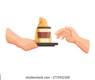 Hand giving order to customer at drive thru or fast food restaurant in cartoon illustration vector on white background