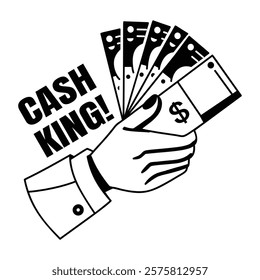 Hand giving out dollar bills with text cash king, glyph sticker 