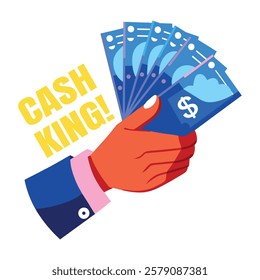 Hand giving out dollar bills with text cash king, flat sticker 