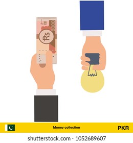 Hand giving Pakistan rupee banknote and idea instead. Business finance concept over white background, vector illustration.