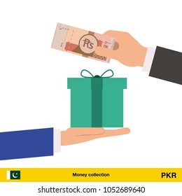 Hand giving Pakistan rupee banknote and present gift instead. Shopping design over white background, vector illustration.