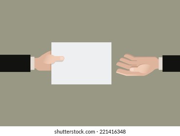 A Hand Giving A Paper Another Hand. Flat Vector Illustration.