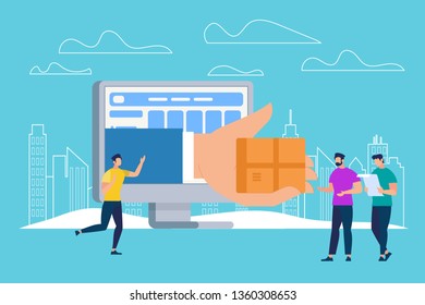 Hand Giving Parcel Box Through Huge Computer Monitor Screen, Online Application for Express Delivery. Courier, E-commerce Sales, Recipients Checking Delivery Note. Cartoon Flat Vector Illustration