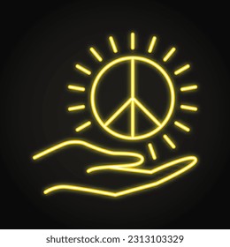 Hand giving peace sign neon line icon. Sharing calmness and harmony. Vector illustration.