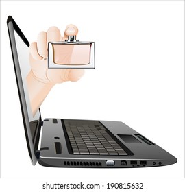 A hand giving Perfume bottle from a laptop as an online concept. 