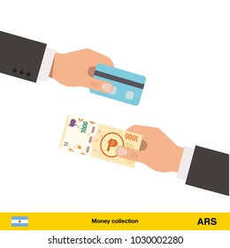 Hand giving  peso banknote and credit card instead. Business finance concept over white background, vector illustration.