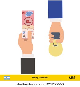 Hand giving  peso banknote and idea instead. Business finance concept over white background, vector illustration.