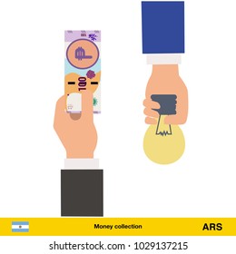 Hand giving  peso banknote and idea instead. Business finance concept over white background, vector illustration.