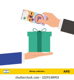 Hand giving  peso banknote and present gift instead. Shopping design over white background, vector illustration.