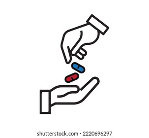hand giving pills for medical treatment. health concept. editable vector.
