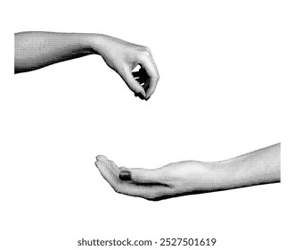 Hand giving pinching and taking, begging. Halftone style vector isolated on white background.