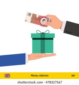 Hand giving Pound banknote and present gift instead. Shopping design over white background, vector illustration.