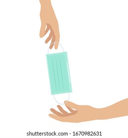 There’s A Hand Giving A Protective Mask To Another One’s Hand. Concept About Health, Hygiene, Hospitality, Protective, Donation And Charity.