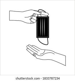hand giving a protective mask to another one’s hand. Concept about health, hygiene, hospitality, protective, donation and charity. vector illustration on white background. color editable