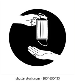 hand giving a protective mask to another one’s hand. Concept about health, hygiene, hospitality, protective, donation and charity. vector illustration on white background. color editable