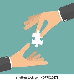 Hand giving a puzzle piece to another hand. Vector illustration in Flat style