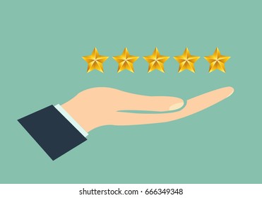 Hand giving rating five stars. Ranking business with fave golden stars. Having feedback, reputation and quality.