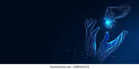 Hand giving and receiving coin. Abstract vector illustration in dark blue. Donation money, charity, payment concept. Low poly mesh wireframe with connected dots, lines, stars and shape	