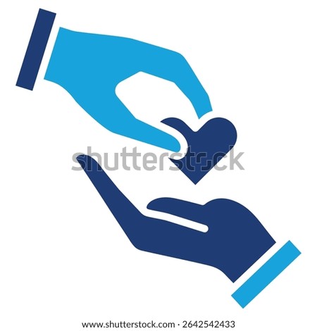 Hand giving and receiving heart symbol icon. Charity and donation icon. Icon symbol of fund raising, humanity, philanthropy, compassion, help, love, care. Vector illustration