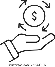Hand giving and receiving money with circular flow arrows isolated on white background, vector, illustration