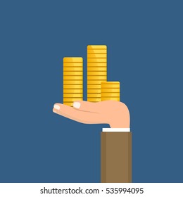 Hand Giving & Receiving Money.Coins and graph in hand, investment concept