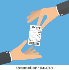 Hand giving and receiving receipt . Handing over and taking the receipt or asking for receipt concept. Flat design