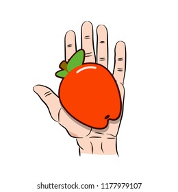 Hand giving red apple icon. Cartoon illustration of hand giving red apple vector icon for web