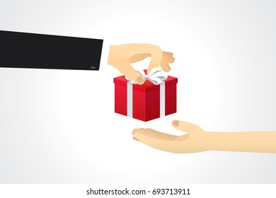 Hand giving a red gift box tied with white ribbon to another hand.
