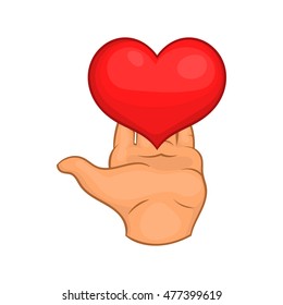 Hand giving red heart icon in cartoon style isolated on white background