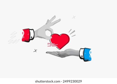 Hand giving red heart vector collage art template