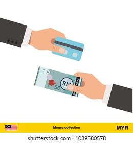 Hand giving  Ringgit banknote and credit card instead. Business finance concept over white background, vector illustration.

