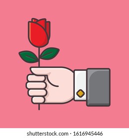 Hand giving rose flower vector illustration for Valentines Day. Love and romance  color symbol