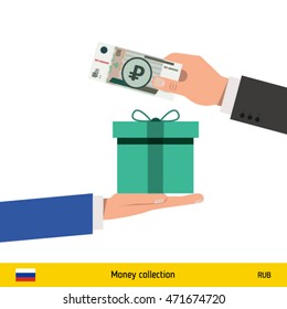 Hand giving Russian Ruble banknote and present gift instead. Shopping design over white background, vector illustration.