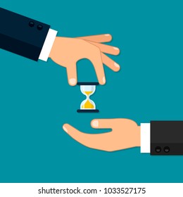 Hand giving the sand clock illustration. Vector isolated time economy concept.