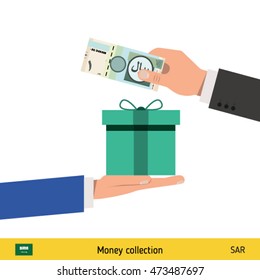 Hand giving Saudi Arabian riyal banknote and present gift instead. Shopping design over white background, vector illustration.