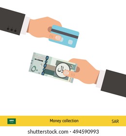 Hand giving Saudi Arabian Riyal banknote and credit card instead. Business finance concept over white background, vector illustration.