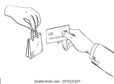 Hand giving shopping paper and taking credit card. Monochrome sketch outline of seller and buyer. Market and paying for products bought in shop or store. Retail business vector in flat style