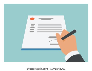 Hand giving signature on a form paper. Simple flat illustration in perspective view.
