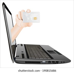 A hand giving Sim card from a laptop as an online concept. 