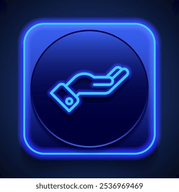 Mano, dando el Vector simple del icono. Diseño plano. Estilo de neón azul en el Botón. Con shadow.ai