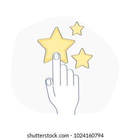 Hand geben Sterne Bewertung. Feedback, Verbraucher- oder Kundenbewertung, Bewertung, Bewertung, Zufriedenheitsgrad, Kritikersymbol-Konzept. Flacher Umriss eines modernen Symbols auf weißem Hintergrund.