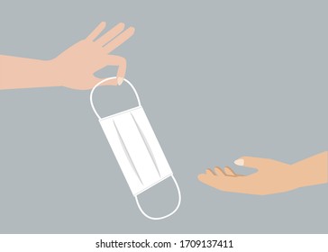 Hand giving surgical face mask to another person to protect from COVID-19 corona virus disease. Idea for COVID-19 corona virus outbreak, prevention and awareness. Vector Illustration.