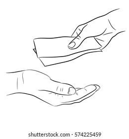 Hand, giving and taking money bills of monochrome vector illustration.