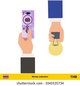 Hand giving Thai baht banknote and idea instead. Business finance concept over white background, vector illustration.