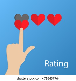 Hand giving three heart rating. Relationship rating, satisfaction, status concept. EPS10 vector illustration for design element, wedding business, poster, banner. Human hand with red heart icons.