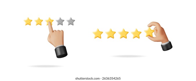 Hand giving a three star rating and a hand putting a star to complete a five star rating. Customer review and satisfaction concept.