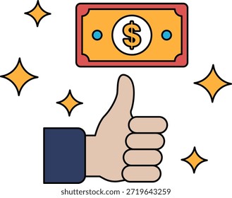 Una mano es dar un pulgar hasta un billete de un dólar, lo que significa Aprobación o satisfacción. El billete de dólar se coloca encima de la mano, enfatizando su importancia o valor