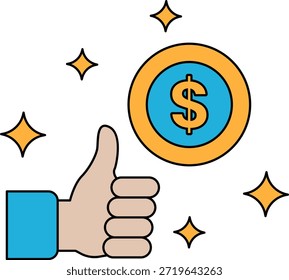 Una mano dando un pulgar hasta un signo de dólar. El signo del dólar está rodeado de estrellas, lo que le da una sensación positiva y de celebración