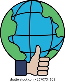 Una mano le da un pulgar a un globo terráqueo. El globo está rodeado por un círculo. El globo es blanco y negro
